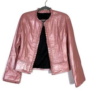 VTG Arella Leather and Sportswear Pink Coral Leather Open Front Jacket Small EUC